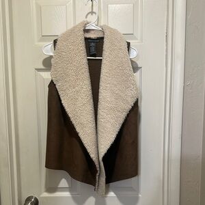 Cream and Brown Suede Sherpa Vest with Oversized Collar